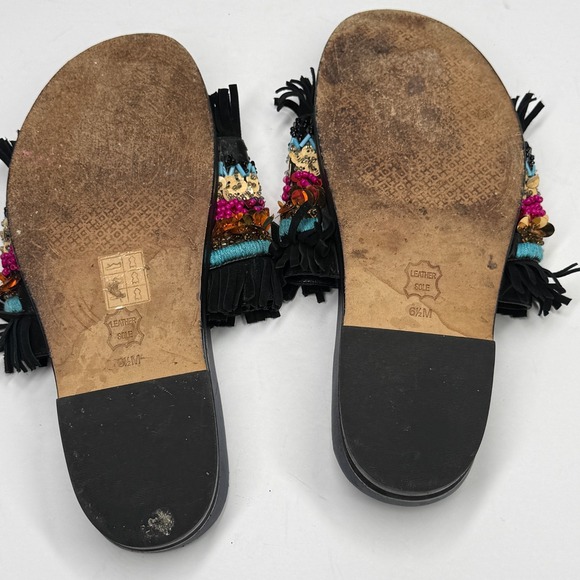 Tory Burch Isle Slide Sandals Embellished Fringe Black Leather Size 6.5M - Picture 5 of 6